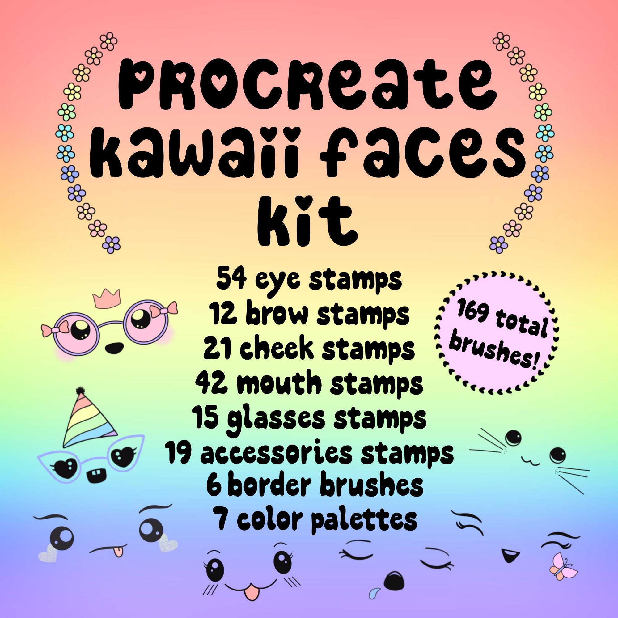 Paquete de pinceles Kawaii para Procreate – Sellos de caras chibi bonitas: ojos, bocas, gafas, accesorios + paletas