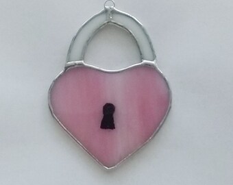 Romantic pink heart with key hole key to my heart stained glass heart suncatcher