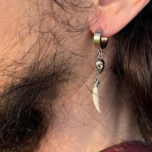 Mens Sterling Silver Huggie Skull Earring- Real Animal Bone - Dangle Drop Earrings- Unisex Single Earring- Goth Punk Biker Earring- Macabre