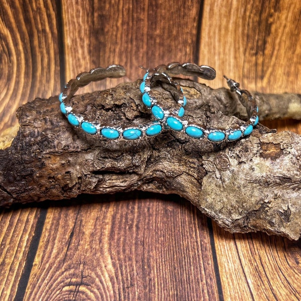 Silber Türkis Creolen - Western Creolen - Boho Türkis Ohrringe - Statement Creolen - Türkis Schmuck