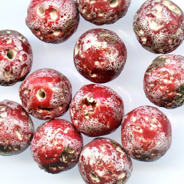 12 Vintage Japanese Unusual Red, White, Gold VERY Textured Bumpy Ceramic Glass Beads Approx 14mm Very Unique Beads No. 285B