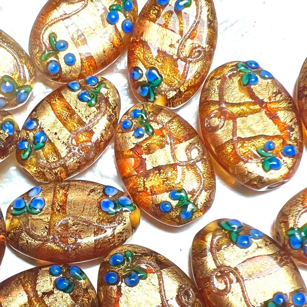 1 Vintage 19mm Czech Foil Lampwork Czech Glass Bead Topaz Base, Raised Flowers, Gold Foil & Aventurina My Stash Approx 19x12x5mm No. 5E