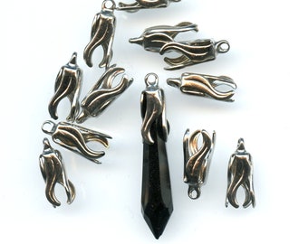 10 Vintage Bead Caps Silver Tone With Loop Glue On Long Elegant Grooved Leaves 11.5mm Excluding Loop Very Pliable The Perfect Bead Caps