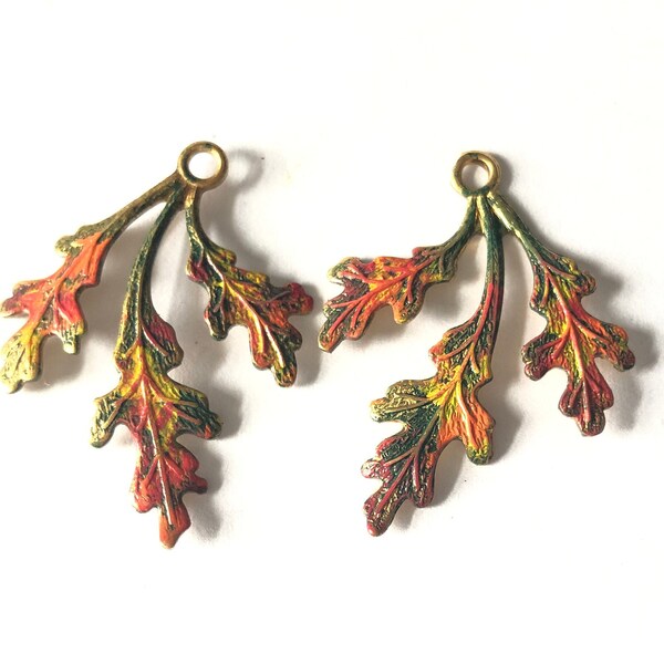 Hand Painted FALL Brass Leaves Brass Leaf Charms Oak Leaves Pendants Detailed With Loop  34x26mm