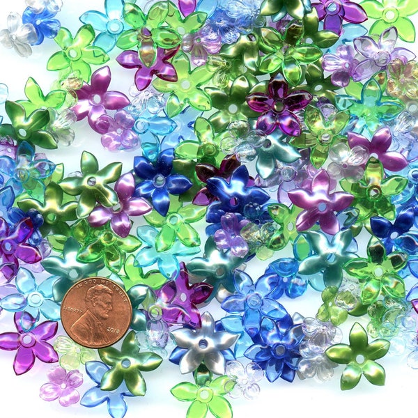 1/3 Cup Approx 150 Vintage Star Flowers Purple,Red,Aqua,Blue, Plastic Acrylic Lucite Flowers & Leaves Flower Beads NONE From CHINA PL28