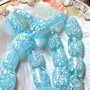 6 Vintage Japanese Cherry Brand Aqua Blue Mottled Glass Beads From Occupied Japan Approximately 15x11x6.5mm No. 30M