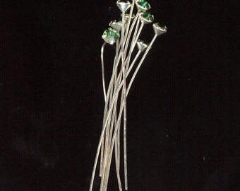 15 Vintage Green Tourmaline Swarovski Crystal Rhinestone Head Pins:  3mm Silver Silvered 1-1/2 Inch Wire SURPLUS No.731