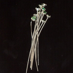 15 Vintage Green Tourmaline Swarovski Crystal Rhinestone Head Pins:  3mm Silver Silvered 1-1/2 Inch Wire SURPLUS No.731
