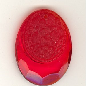 Vintage Pendant Carved Art Nouveau Frost & Transparent CHERRY RED Czech Glass Flower With Hole 37mm No. P134