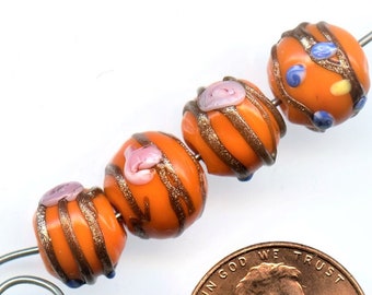 4 Vintage Venetian Wedding Cake Orange Glass Beads From Italy Drizzle Glass Beads Aventurina Approx 8-9mm high x 9-10mm wide No.142B