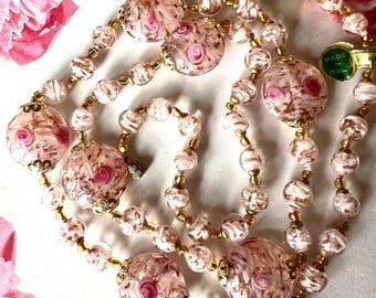 New Vintage Venetian Necklace Clear, Pink, Aventurine Glass Beads W/ Roses Sommerso Tagged Made In Italy 32 Inches Long NOS No. 150