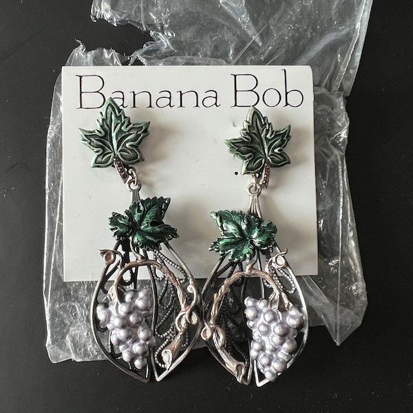 Original Wrapper Banana Bob Earrings 3-1/4 Inches Enameled Leaves Grapes Rhinestone Crystals Silver Ox Pierced Vintage Earrings NOS