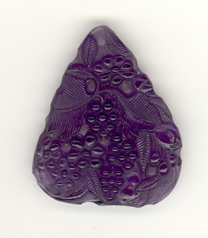 Vintage Glass Pendant: Czech Carved Art Nouveau GRAPES, FLOWERS & LEA…