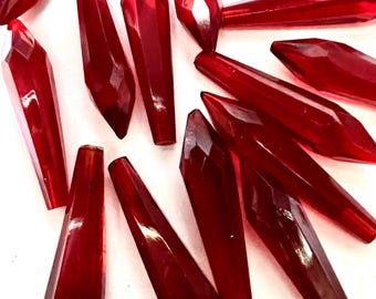 6 Vintage Pointed Czech Siam Red Slender Faceted Glass Drops Top Hole Glue Eye Pin or Bead Cap Approx 30x6.5mm No. 60