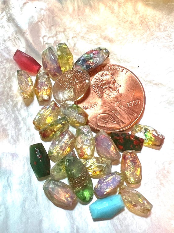 20 Mostly Dragon's Breath Opalescent Fire Opal & Gem Tone Faceted Rare Vintage Glass Stones Random Approx 8mm NO HOLES Please Read No. 251T
