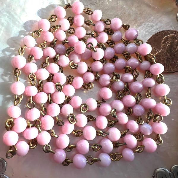 3 Feet Vintage Japanese 5mm Pink Glass Beads & Brass Links Bead Chain  Ch292