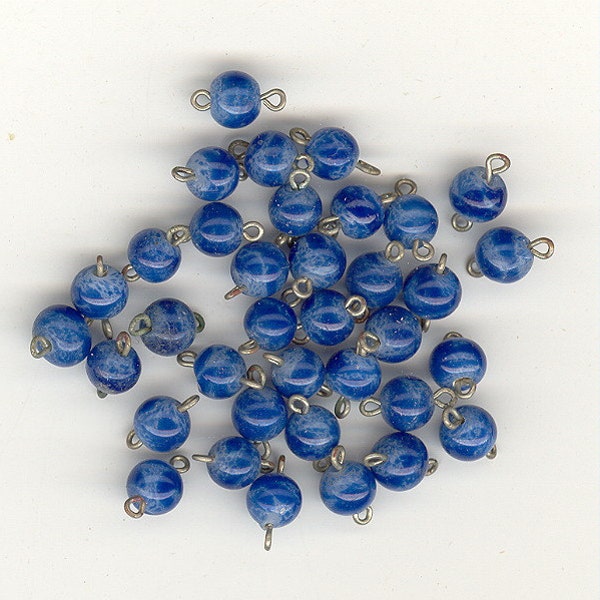 30 Antique Czech Lapis Blue Mottled Art Deco Vintage Glass Beads 5mm On Chrome Eye Pins No.300A