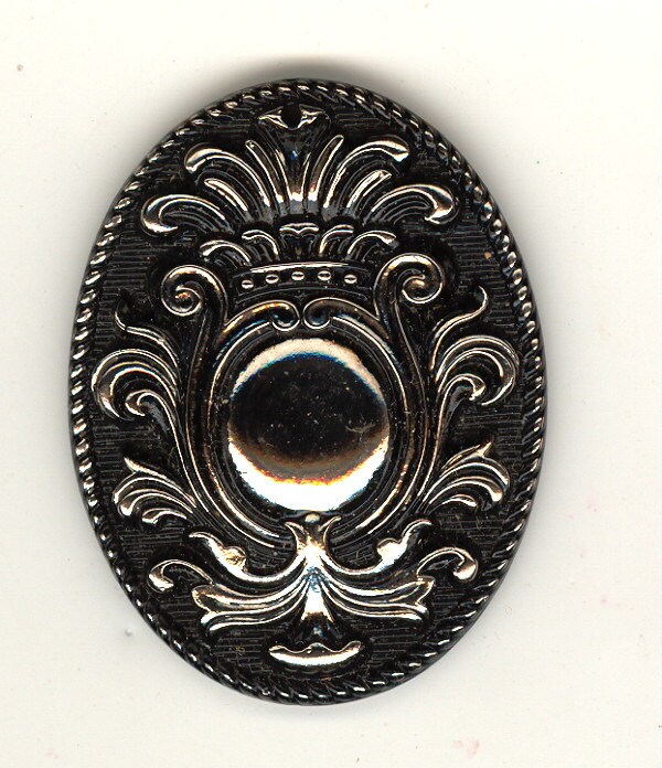 Vintage Pendant: Czech Jet Black Silver Vine Scrolled Pressed Glass S…