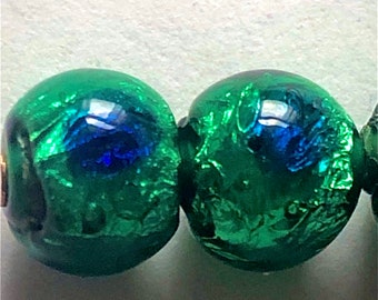 2 Rare 5mm Antique Vintage Peacock Eye Foil Glass Beads Green Foil With Blue Eye Handmade Vintage Glass Beads