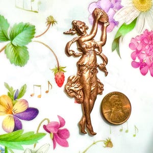 Vintage Ginger Brass Fairy Playing Tambourine Stamping 2-7/8 Inches Beautifully Detailed High End Piece No. 296
