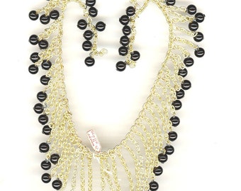 1 Vintage Japanese Jet Black Glass Beads & Gold Tone Graduated Bib Chain 13 Inch Section For Necklace No. 253G