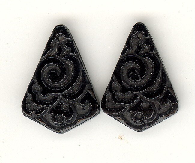 Vintage Art Deco Glass Pendants ~ Antique Czech JET Etched Carved Flo…