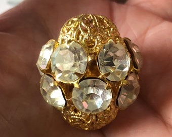 1 Rare 26mm Vintage Swarovski Clear Crystal Rhinestone Bead Balls Gold Tone Filigree Oval Crystal Beads 26mm W/ 12 - 8mm Pronged Rhinestones