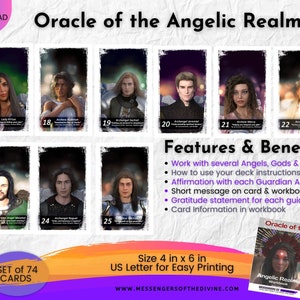 Könnte beinhalten: Oracle of the Angelic Realms Deck mit 74 Karten mit Illustrationen von Engeln und Gottheiten. Die Karten sind 10 cm x 15 cm groß und für den einfachen Druck konzipiert. Das Deck enthält ein Arbeitsbuch mit Anweisungen, Affirmationen und Botschaften für jede Karte.