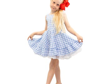 Vestido infantil inspirado en Dorothy: cuadros azules con falda de tul amplia
