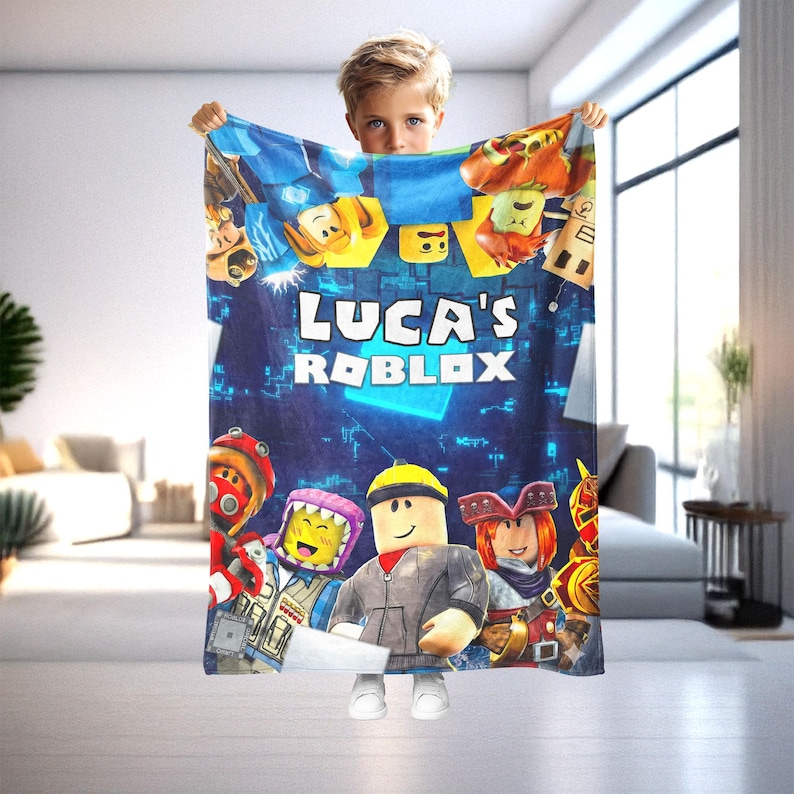 Personalized Roblox Blanket, Custom Name Gamer's Fan Throw, Gift For Grandson - Kids image 1