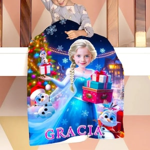 Custom Face & Name Blue Ice Queen Holding Gifts and Snowman on Christmas Eve Gift Blanket