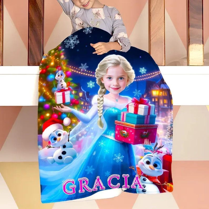 Custom Face & Name Blue Ice Queen Holding Gifts and Snowman on Christmas Eve Gift Blanket