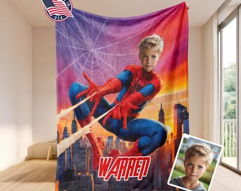 Gepersonaliseerde Spider Boy-fotodeken, aangepast gezicht en naam Spidey Throw voor kinderen