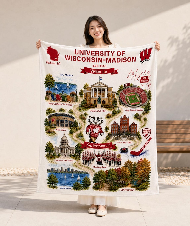 May include: A white fleece blanket featuring a map of the University of Wisconsin-Madison campus. It displays illustrations of Bascom Hall, Camp Randall Stadium, the Kohl Center, the State Capitol, and Lake Mendota, with a badger mascot in the center.