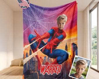 Personalized Spider Boy Photo Blanket , Custom Face & Name Spidey Throw For Kids