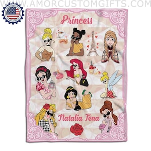 USA MADE Made In USA Personalized Baby Girl Cute Fashion Princess Blanket, Custom Name Blanket