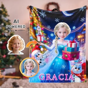 Custom Face & Name Blue Ice Queen Holding Gifts and Snowman on Christmas Eve Gift Blanket