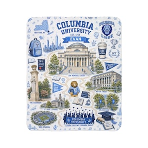 May include: A white fleece blanket featuring a blue graphic print of Columbia University landmarks, including Low Memorial Library, Butler Library, and the campus lion mascot. The design includes the text Columbia University, Evan, and various campus icons.
