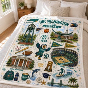 May include: A white fleece blanket featuring teal and gold illustrations of UNC Wilmington landmarks, including the clock tower, Kenan Auditorium, and Trask Coliseum, alongside sports icons, a mascot, and text reading UNC Wilmington Est. 1947.