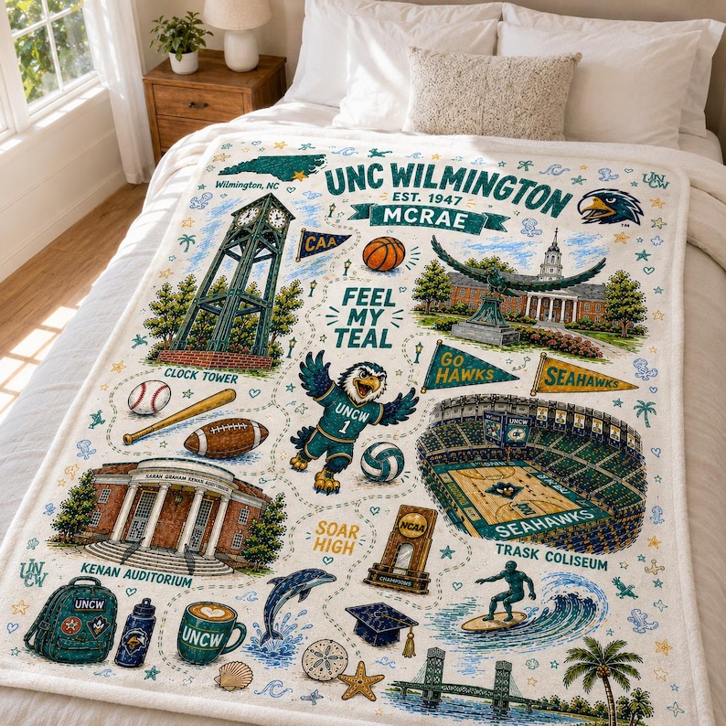May include: A white fleece blanket featuring teal and gold illustrations of UNC Wilmington landmarks, including the clock tower, Kenan Auditorium, and Trask Coliseum, alongside sports icons, a mascot, and text reading UNC Wilmington Est. 1947.