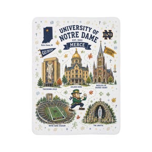 Puede incluir: Una manta de forro polar blanca con un dise&ntilde;o de la Universidad de Notre Dame. Muestra el Golden Dome, la Basilica of the Sacred Heart, Touchdown Jesus, el Notre Dame Stadium y The Grotto, junto a una mascota leprechaun e iconos.
