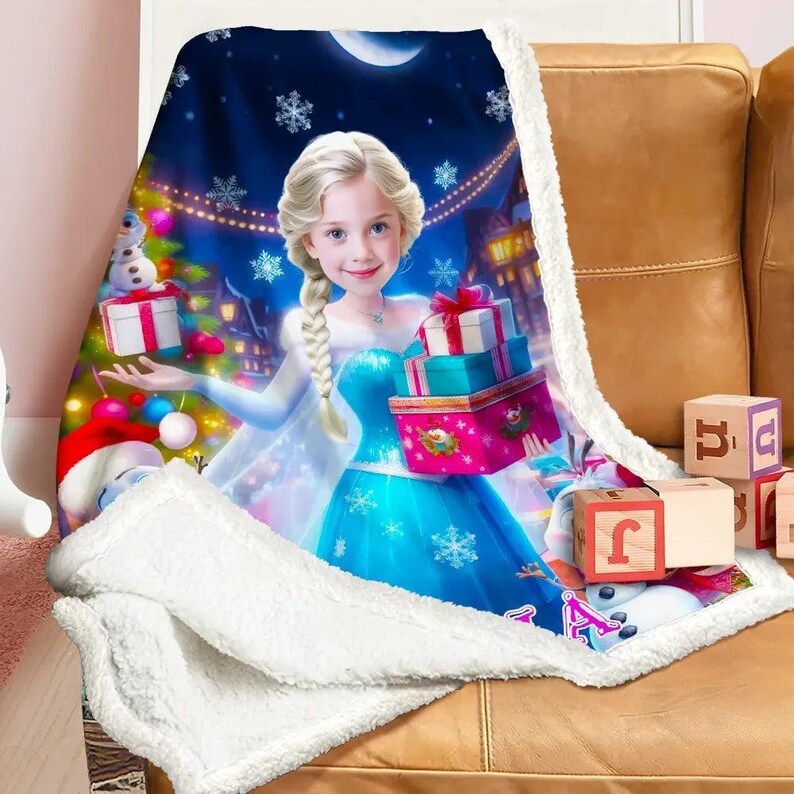 Custom Face & Name Blue Ice Queen Holding Gifts and Snowman on Christmas Eve Gift Blanket