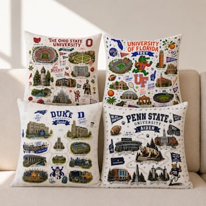 May include: Four decorative throw pillows with university-themed designs. Each pillow features a different university: Ohio State, University of Florida, Duke, and Penn State. The designs include university landmarks, mascots, and text.