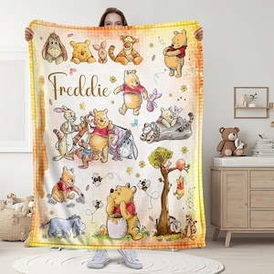 Personalized Baby Winnie The Pooh Blanket , Custom Name Newborn Cartoon Nursery Gift