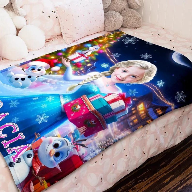 Custom Face & Name Blue Ice Queen Holding Gifts and Snowman on Christmas Eve Gift Blanket