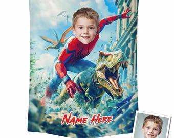 Personalized Spider Dino Photo Blanket, Custom Face & Name Dinosaur Superhero Throw, Gift For Kid