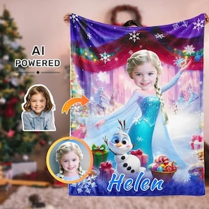 Op de afbeelding: Een gepersonaliseerde deken met een cartoonafbeelding van een meisje verkleed als prinses, met de naam "Helen" in blauw schrift. De deken heeft een winterthema met sneeuwvlokken, een sneeuwpop en de tekst "AI POWERED".