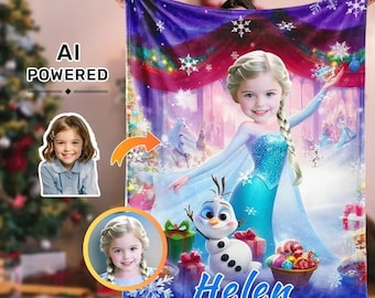 Personalized  Frozen Photo Blanket , Custom Face & Name Elsa Blankie For Kids