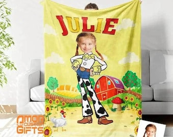 Personalisierte Jessie Foto Decke, Benutzerdefinierte Gesicht & Name Cowgirl Toy Story Sherpa Fleece Überwurf