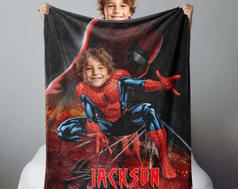 Gepersonaliseerde superheldenspin fotodeken | Aangepast gezicht en naam Spidey-cadeau voor kleinzoon, neef